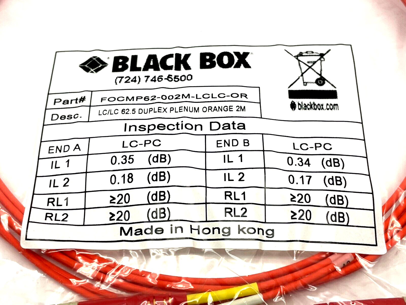 Black Box FOCMP62-002M-LCLC-OR Fiber Patch Cable 2m Length - Maverick Industrial Sales