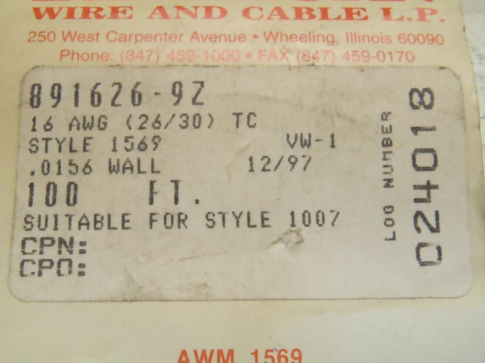 Dearborn 891626-9Z Stranded Wire 100' Foot Spool 16 AWG .0156 Wall - New – Open box - Maverick Industrial Sales