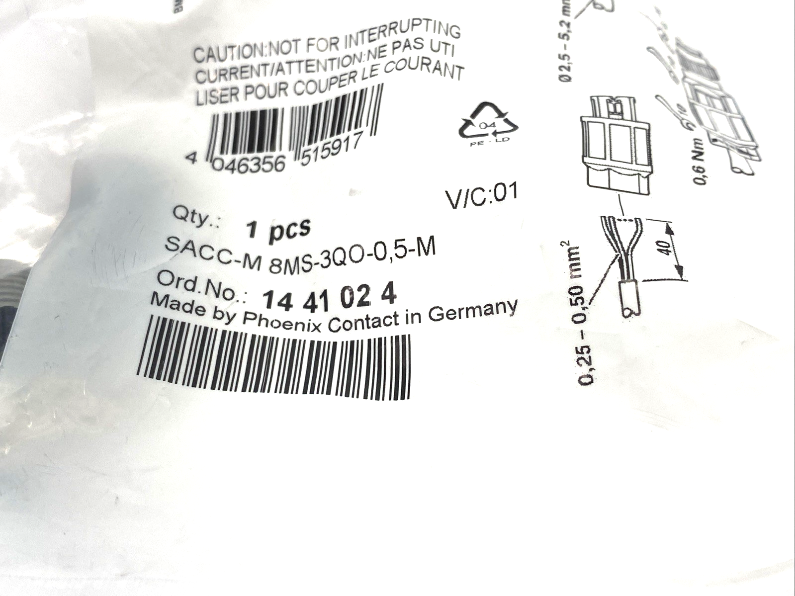 Phoenix Contact SACC-M 8MS-3QO-0,5-M Connector M8 3-Pin Male 1441024 - Maverick Industrial Sales