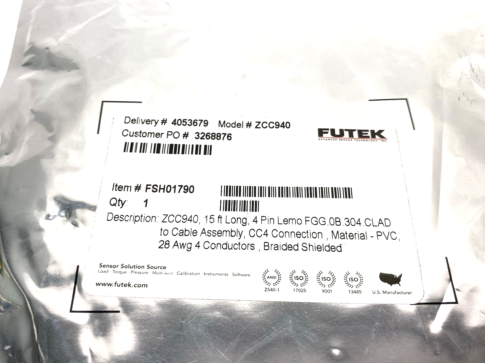 ZCC940 | Futek Cable Assembly 4-Pin Lemo FGG.0B.304.CLAD 15ft FSH01790 - New - Maverick Industrial Sales