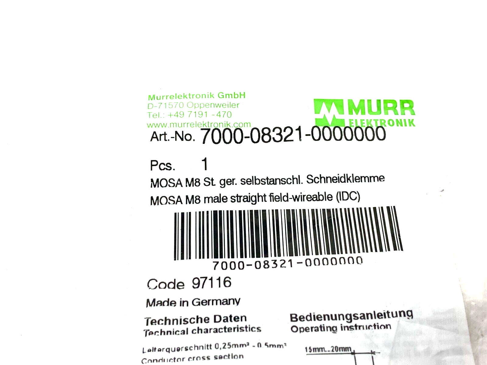 Murr Elektronik 7000-08321-0000000 Field Wireable Connector, M8 Male 3-Pin - Maverick Industrial Sales