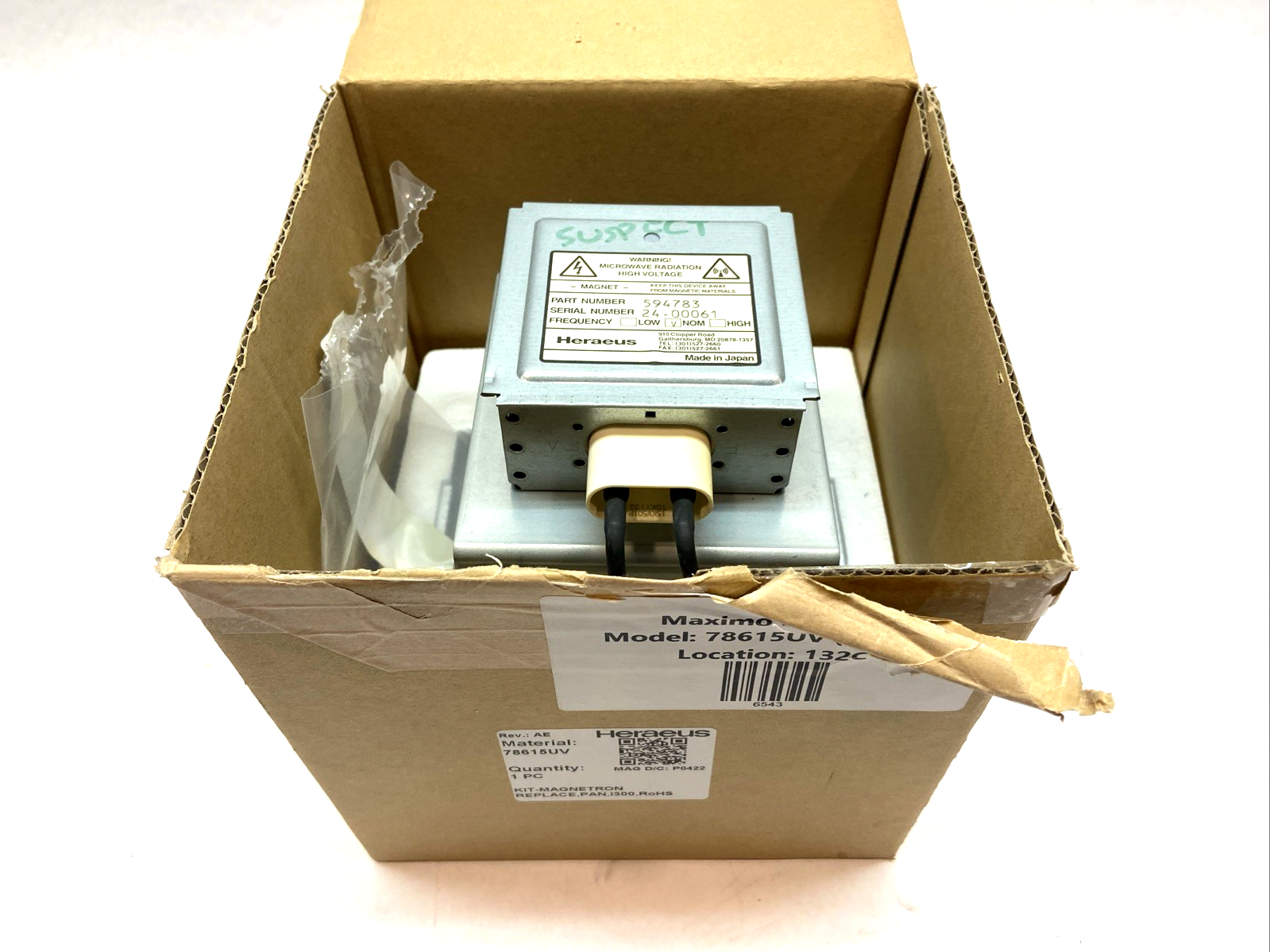 594783 | Heraeus Magnetron - For parts or not working - Maverick Industrial Sales