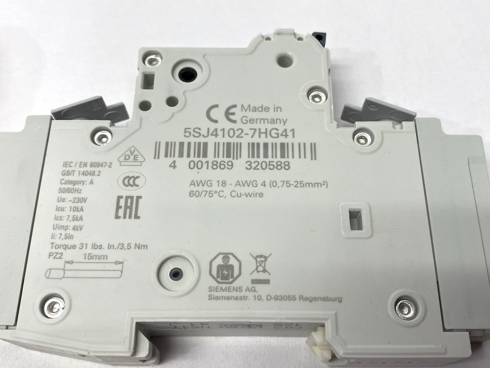 Siemens 5SJ4102-7HG41 Miniature Circuit Breaker 1-Pole C-Trip 240V 14kA 2A - Maverick Industrial Sales