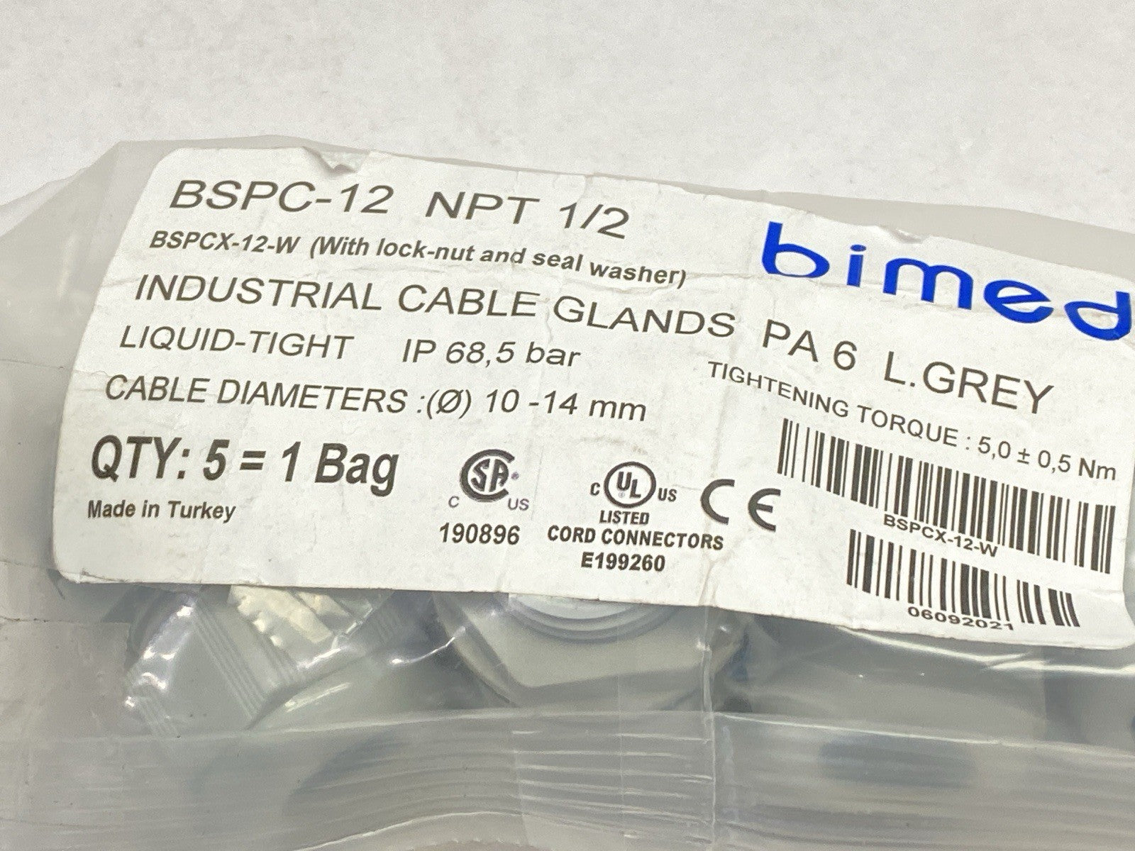 Bimed BSPC-12 NPT 1/2 Industrial Cable Glands PA 6 L.Grey PKG OF 5 - Maverick Industrial Sales