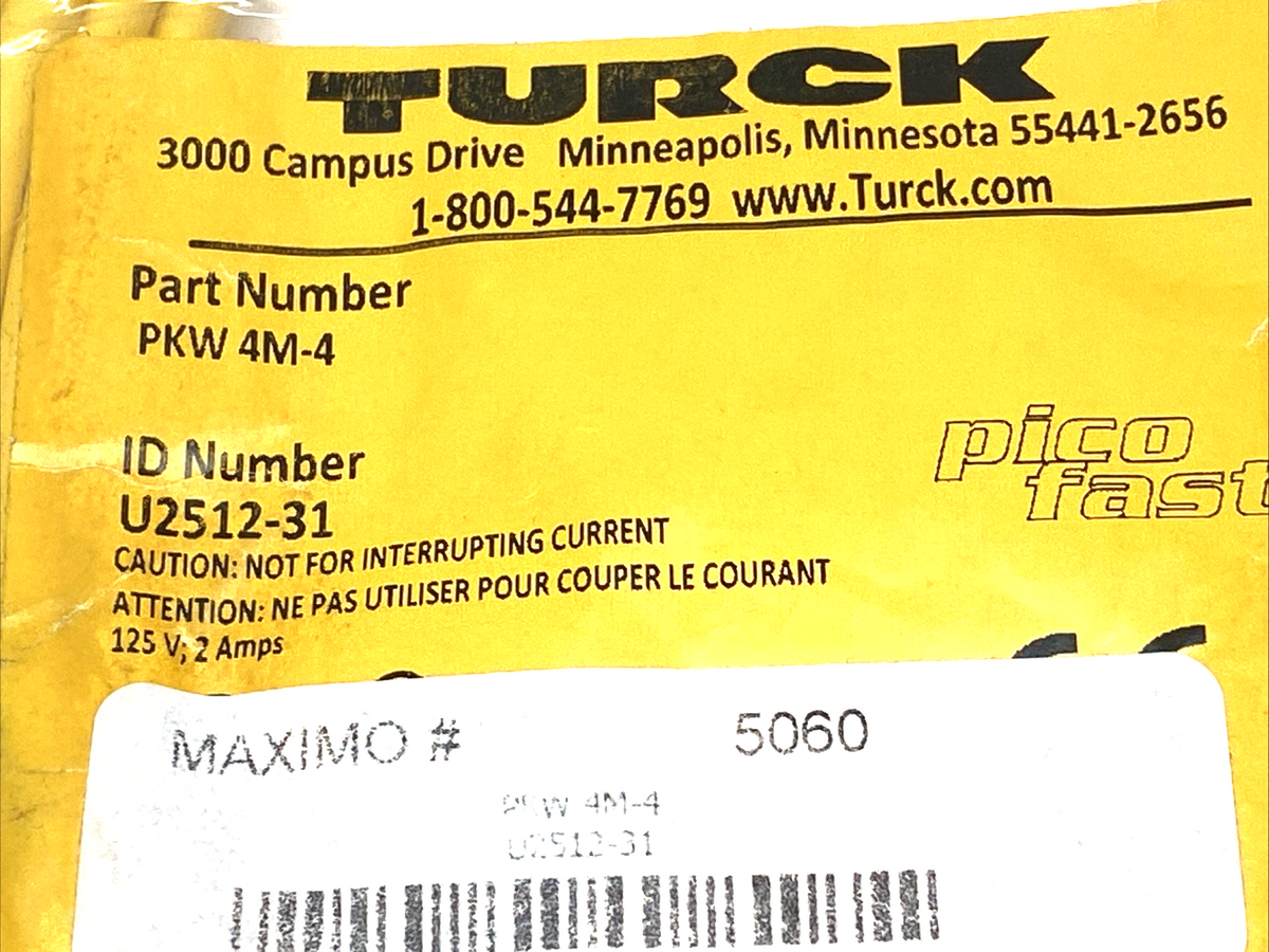 PKW 4M-4, U2512-31 | Turck PKW 4M-4 Picofast Cable M8 Female 4-Pin 4m U2512-31 - Maverick Industrial Sales