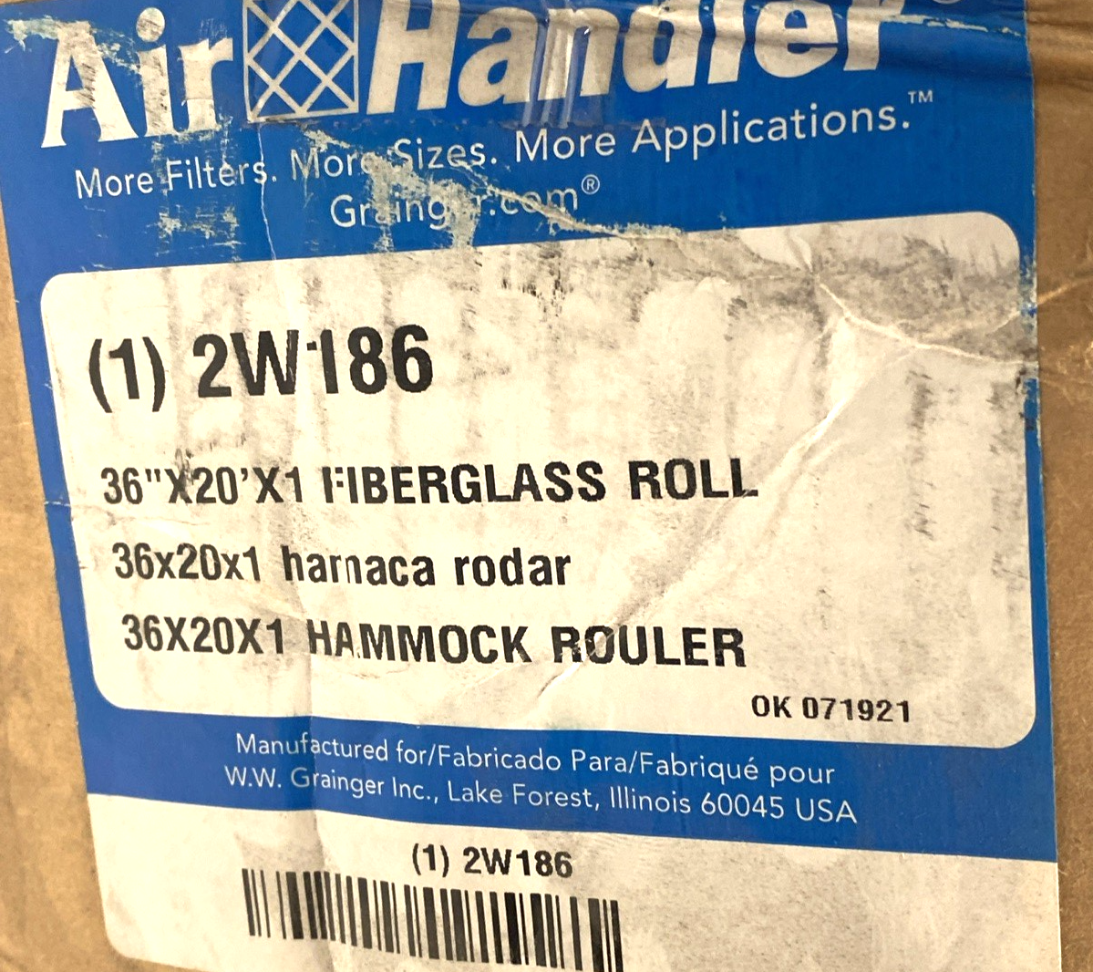 2W186 | Air Handler Fiberglass Air Filter Roll MERV 7, 36 in x 20 ft x 1 in - New Other - Maverick Industrial Sales
