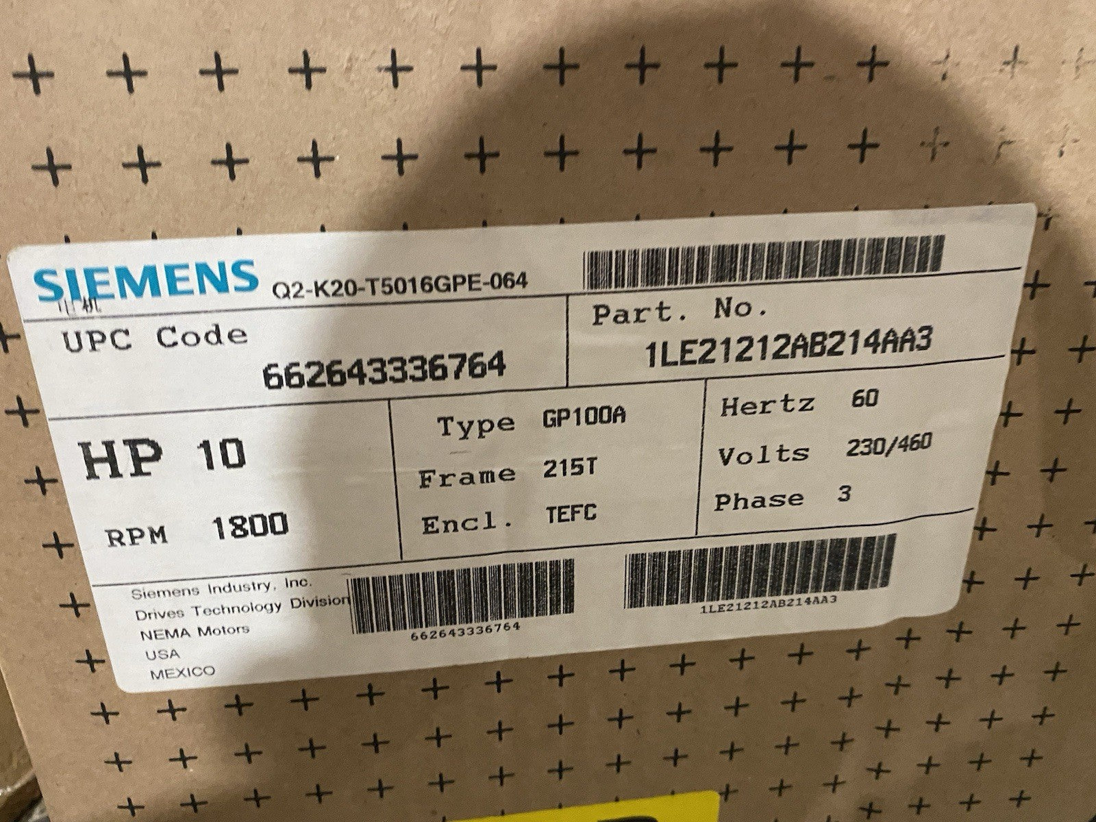 1LE21212AB214AA3 | Siemens 1LE2121-2AB21-4AA3 NEMA Premium® AC Motor 10HP 3-Phase Type GP100A - New – Open box - Maverick Industrial Sales