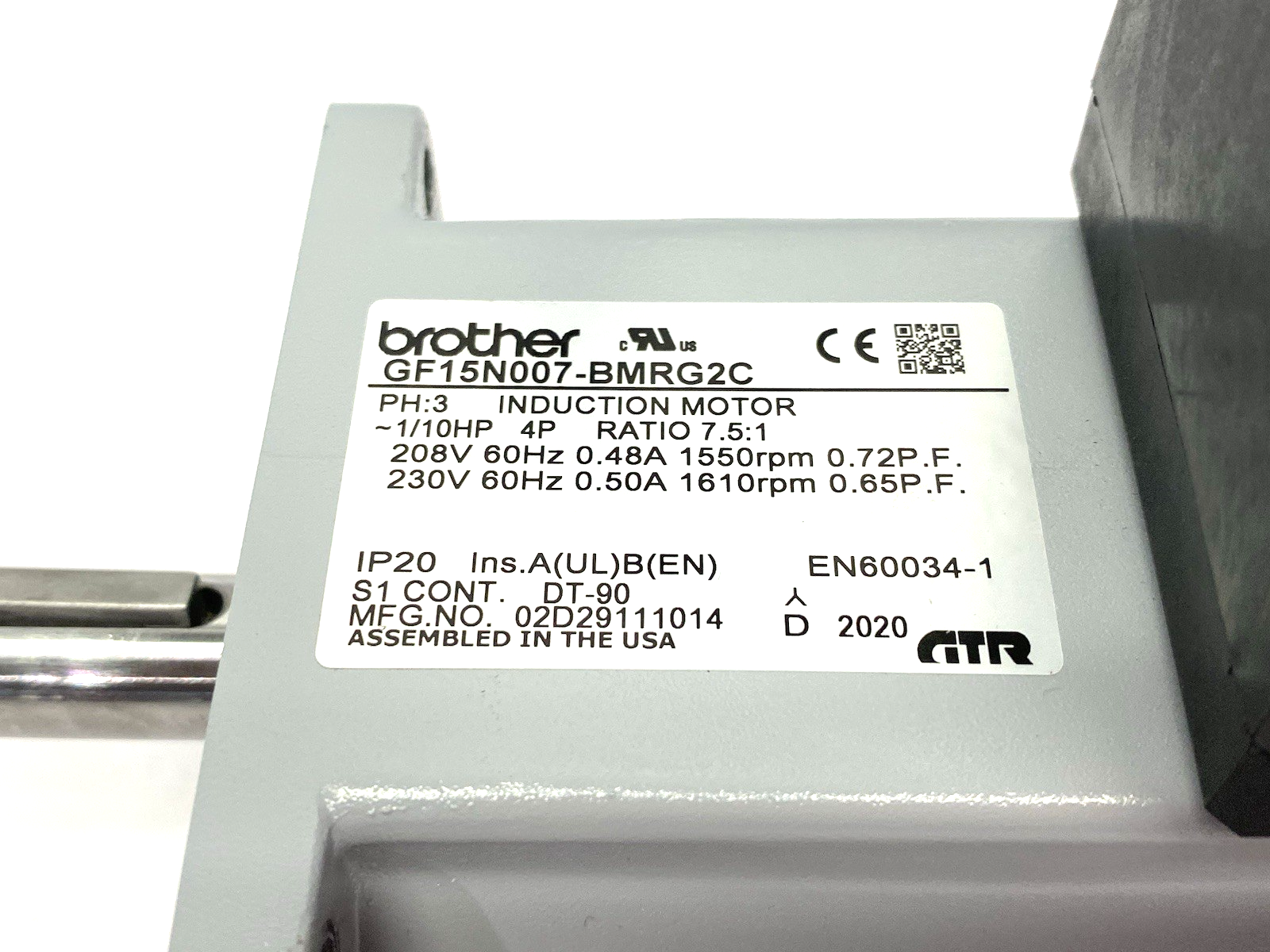GF15N007-BMRG2C | Brother Induction Motor 3-Phase, 7.5:1 Ratio 1/10HP - Used - Maverick Industrial Sales