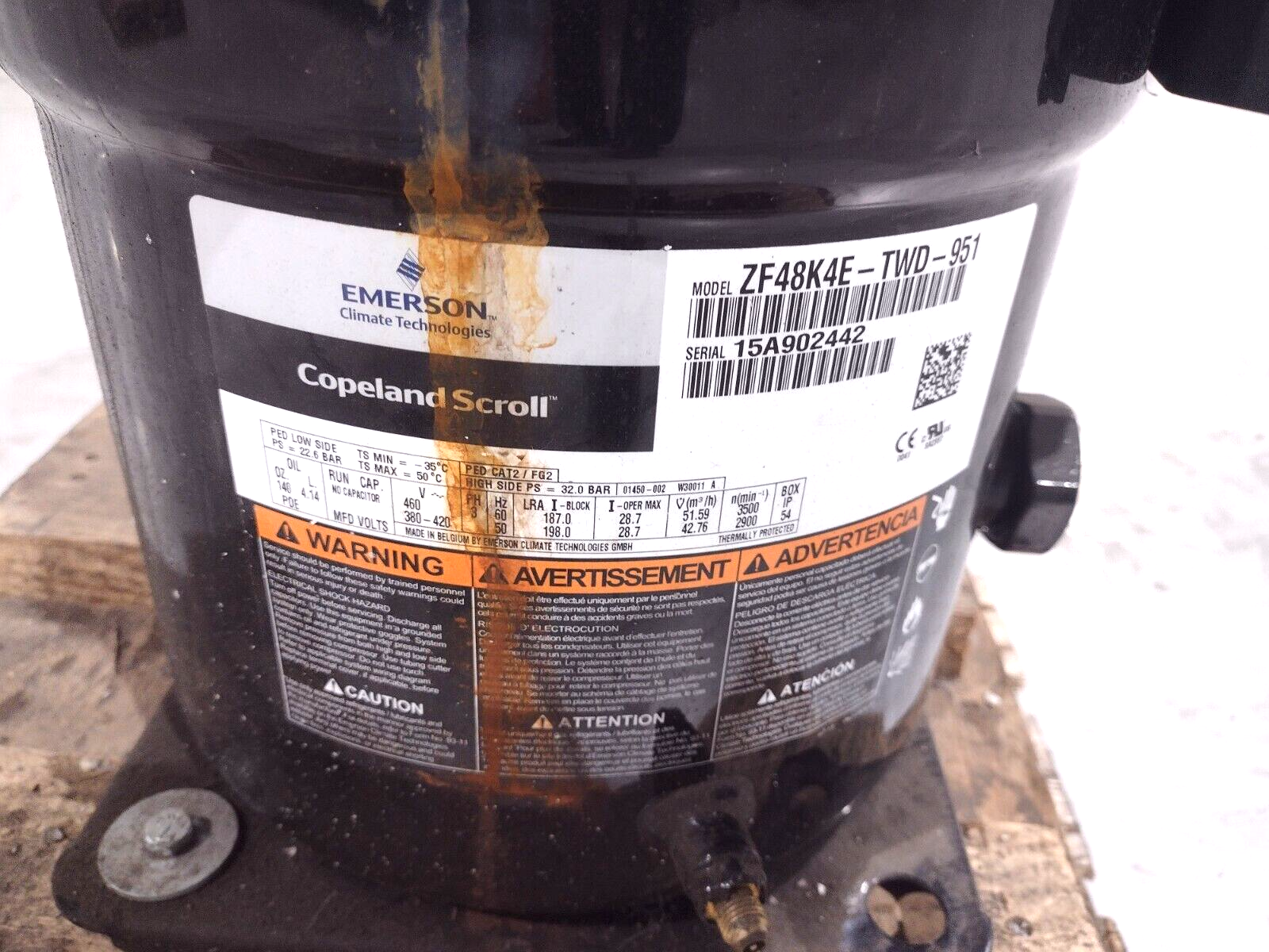 Emerson Copeland Scroll ZF48K4E-TWD-951 Hermetic Scroll Compressor 460/3/60 POE - Maverick Industrial Sales