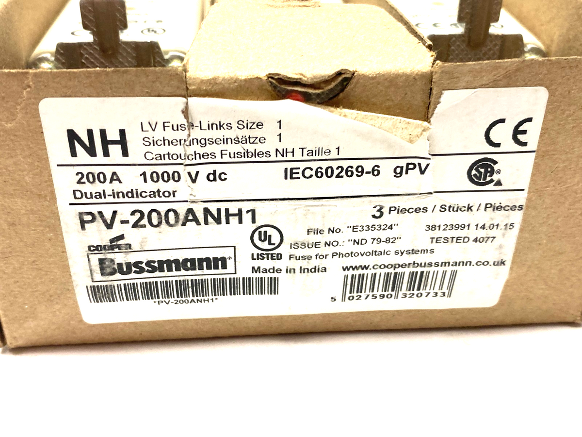 PV-200ANH1 | Cooper Bussmann Dual-Indicator Photovoltalc Fuse 200A 1000V BOX OF 3 - New – Open box - Maverick Industrial Sales