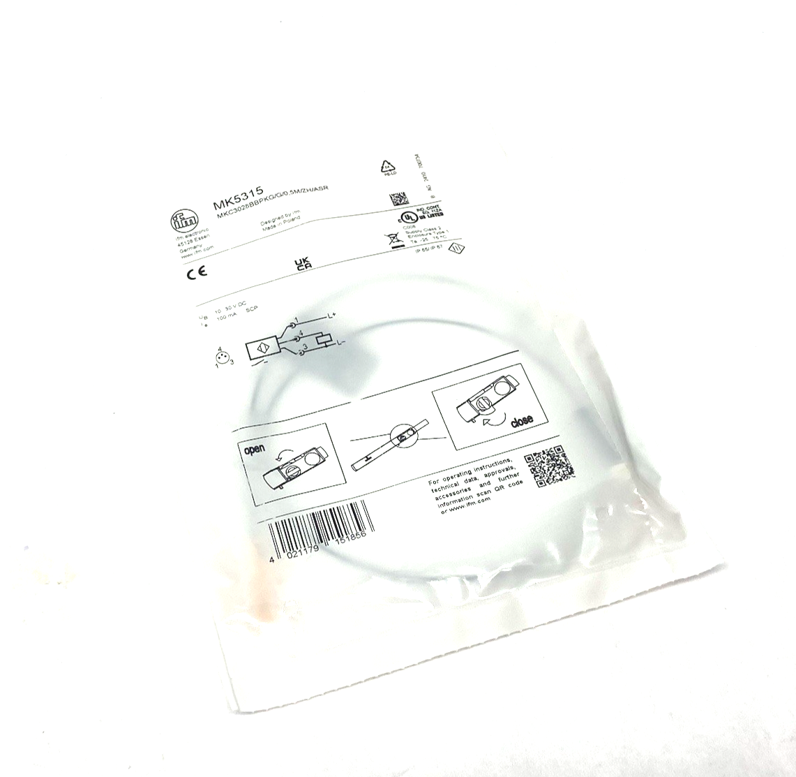 MK5315 | Ifm C-Slot Cylinder Sensor M8 Connector MKC3028BBPKG/G/0,5M/ZH/ASR - New - Maverick Industrial Sales