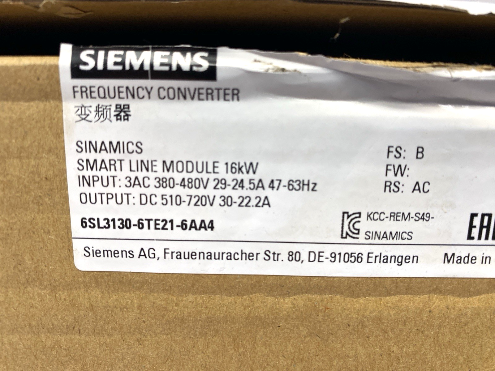 Siemens 6SL3130-6TE21-6AA4 SINAMICS S120 Frequency Converter Smart Line Module - Maverick Industrial Sales