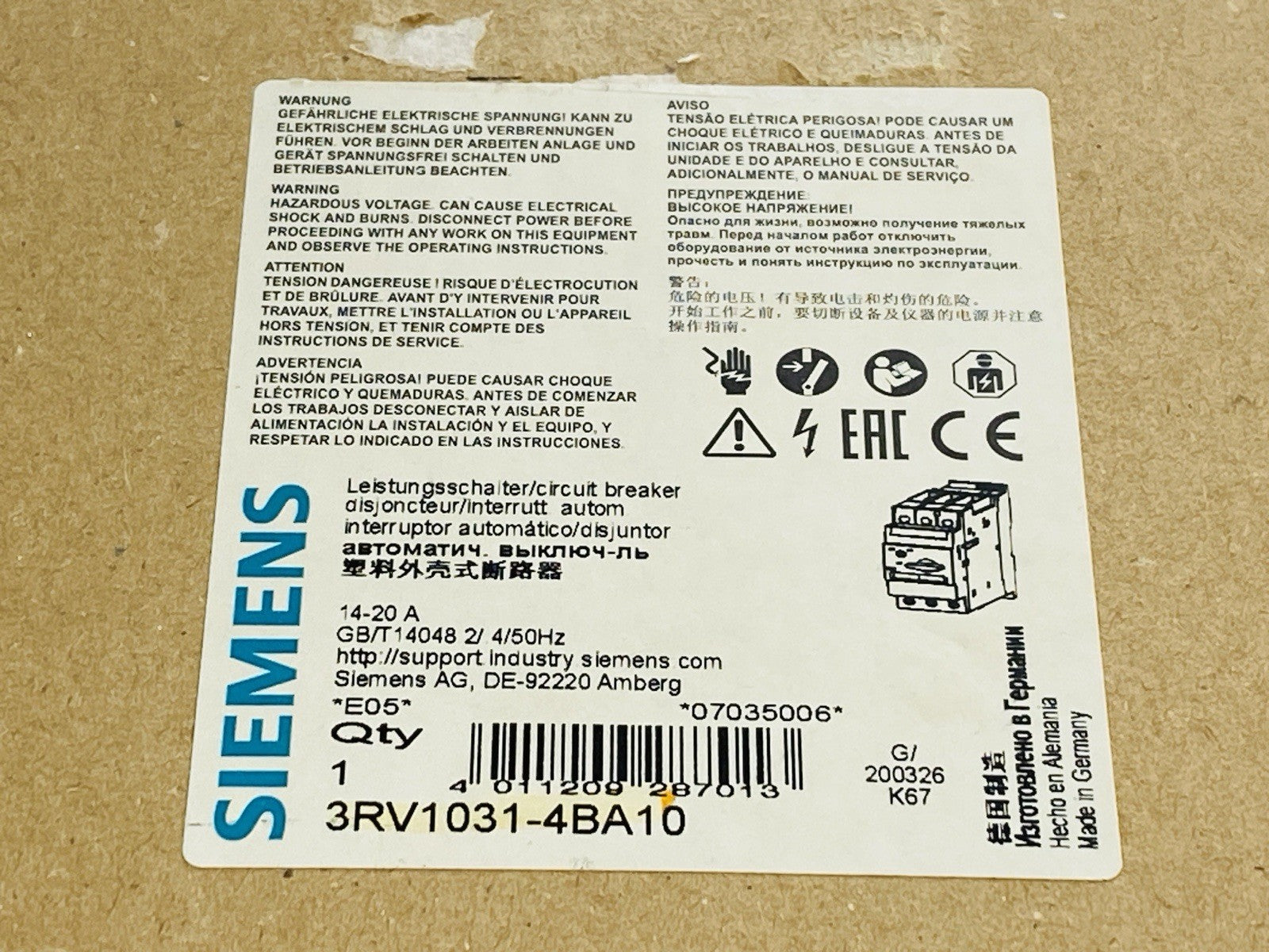 Siemens 3RV1031-4BA10 Motor Protection Circuit Breaker 14-20A 600V - Maverick Industrial Sales