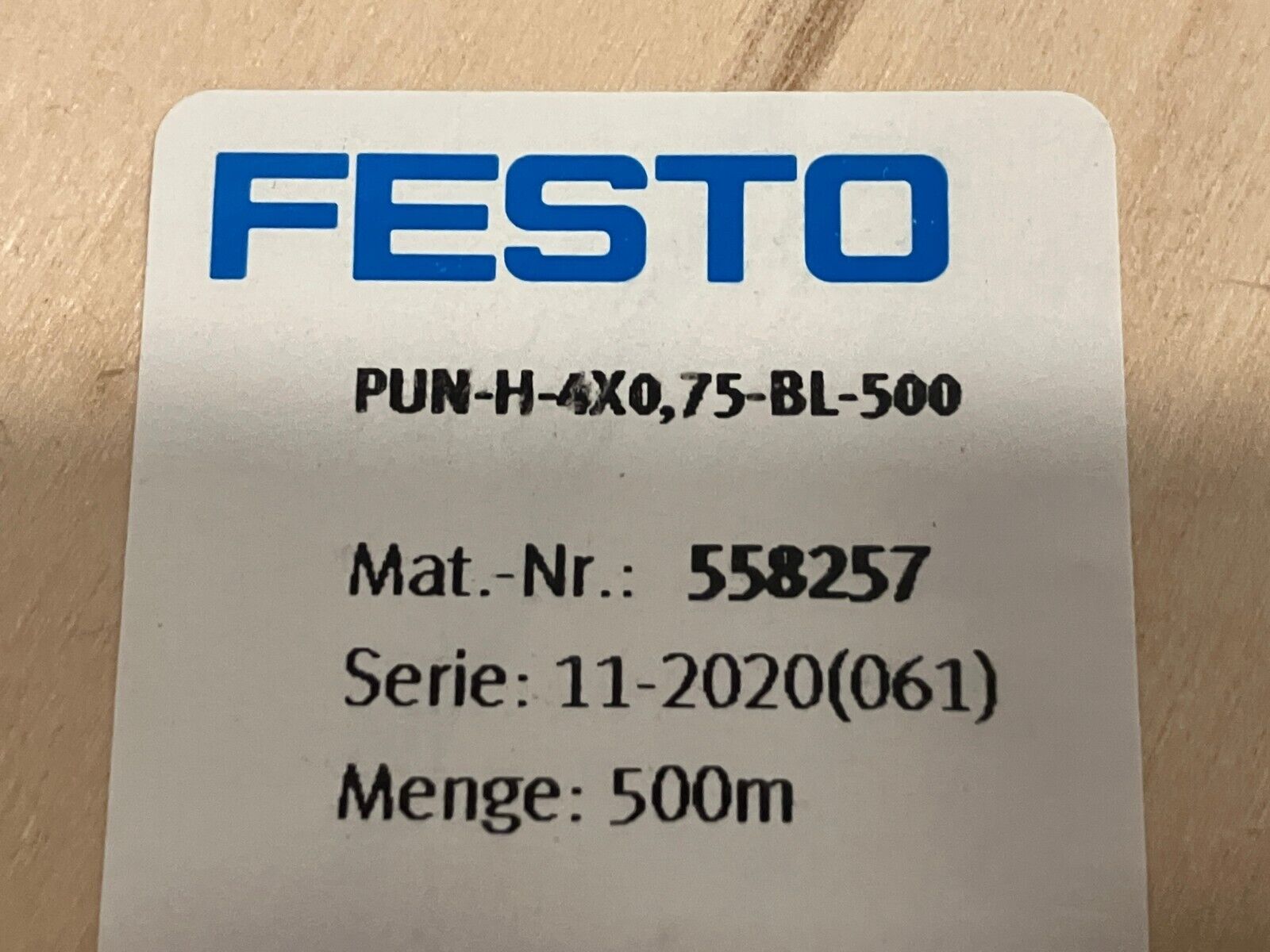 Festo PUN-H-4x0.75-BL-500 Pneumatic Tubing Blue 4mm OD, 2.6mm ID 558257 500m - Maverick Industrial Sales