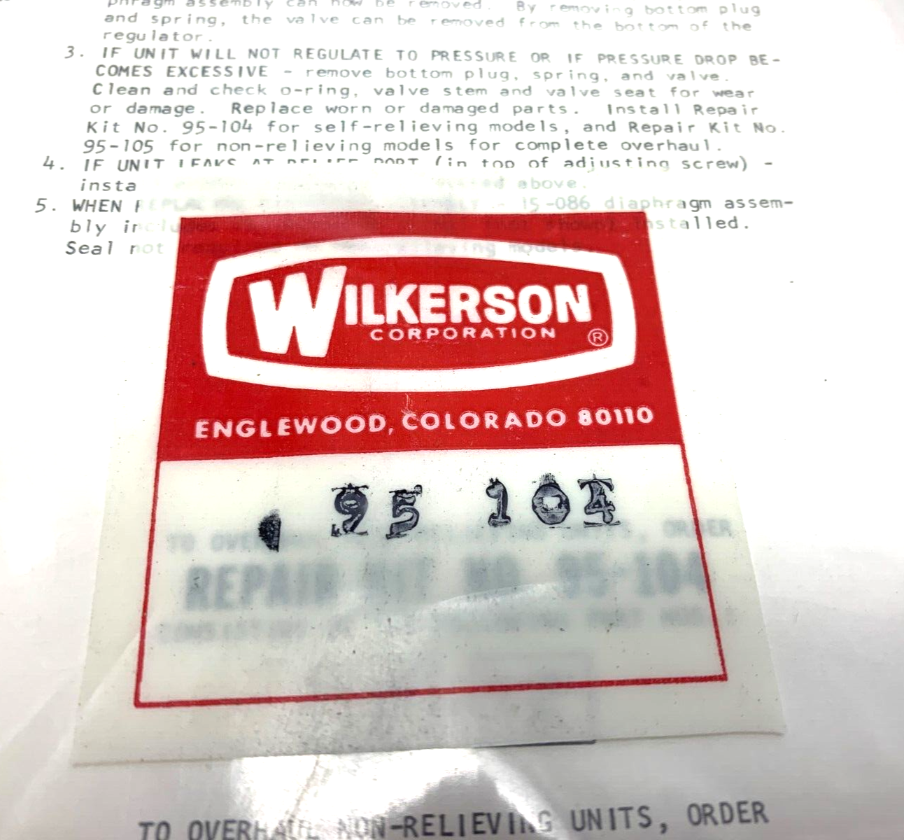 Wilkerson 95-104 Repair Kit w/ 15-086 & 15-087 - Maverick Industrial Sales