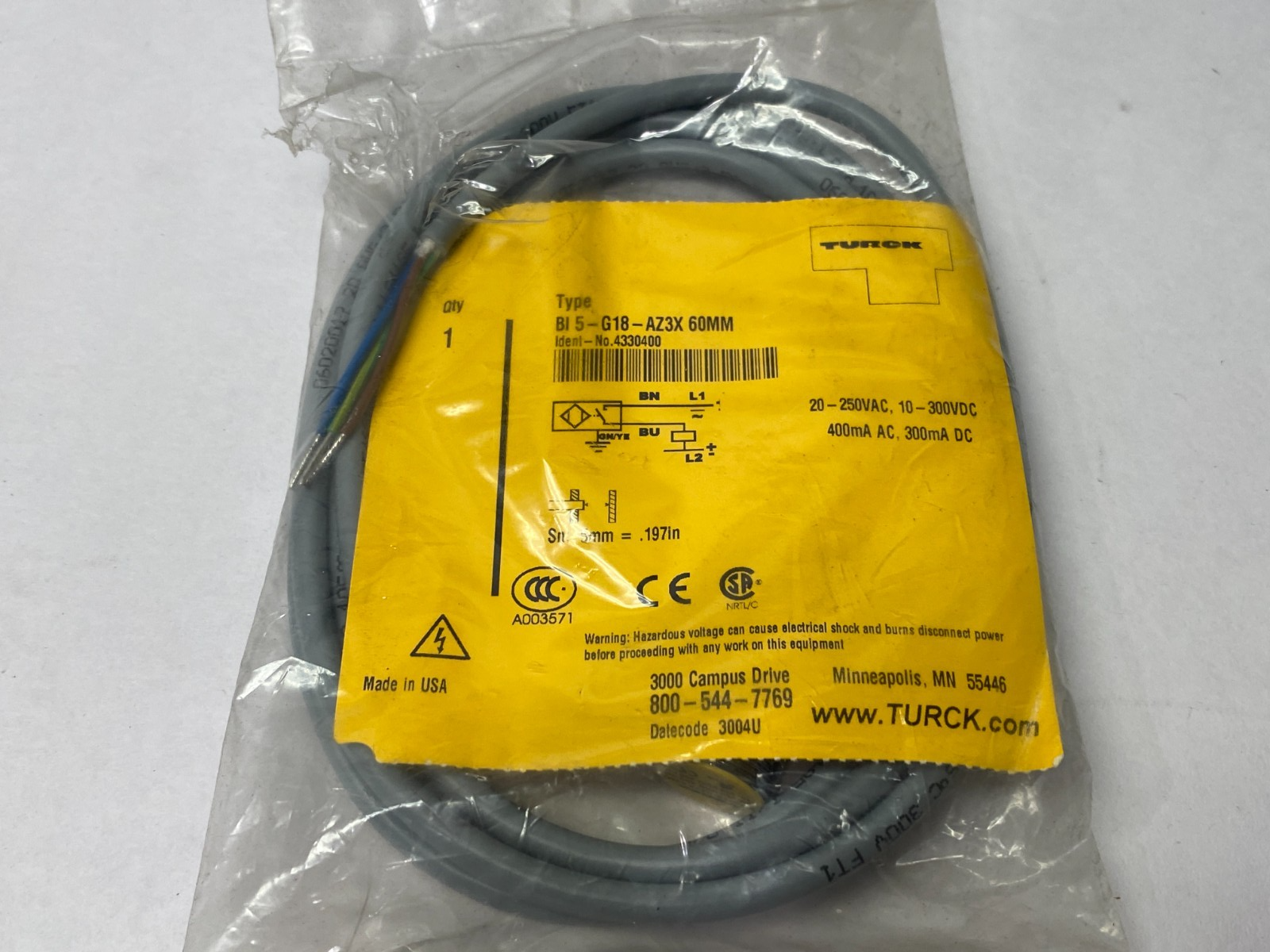Turck BI 5-G18-AZ3X 60MM Inductive Proximity Sensor 5mm Sn 4330400 - Maverick Industrial Sales