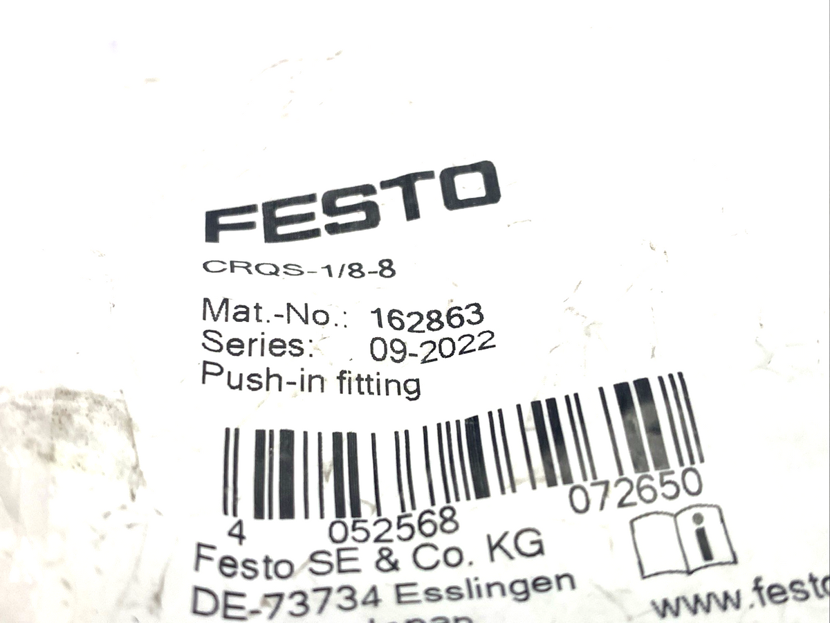 Festo CRQS-1/8-8 Pneumatic Push-In Fitting R 1/8", For 8mm Tube O.D. 162863 - Maverick Industrial Sales