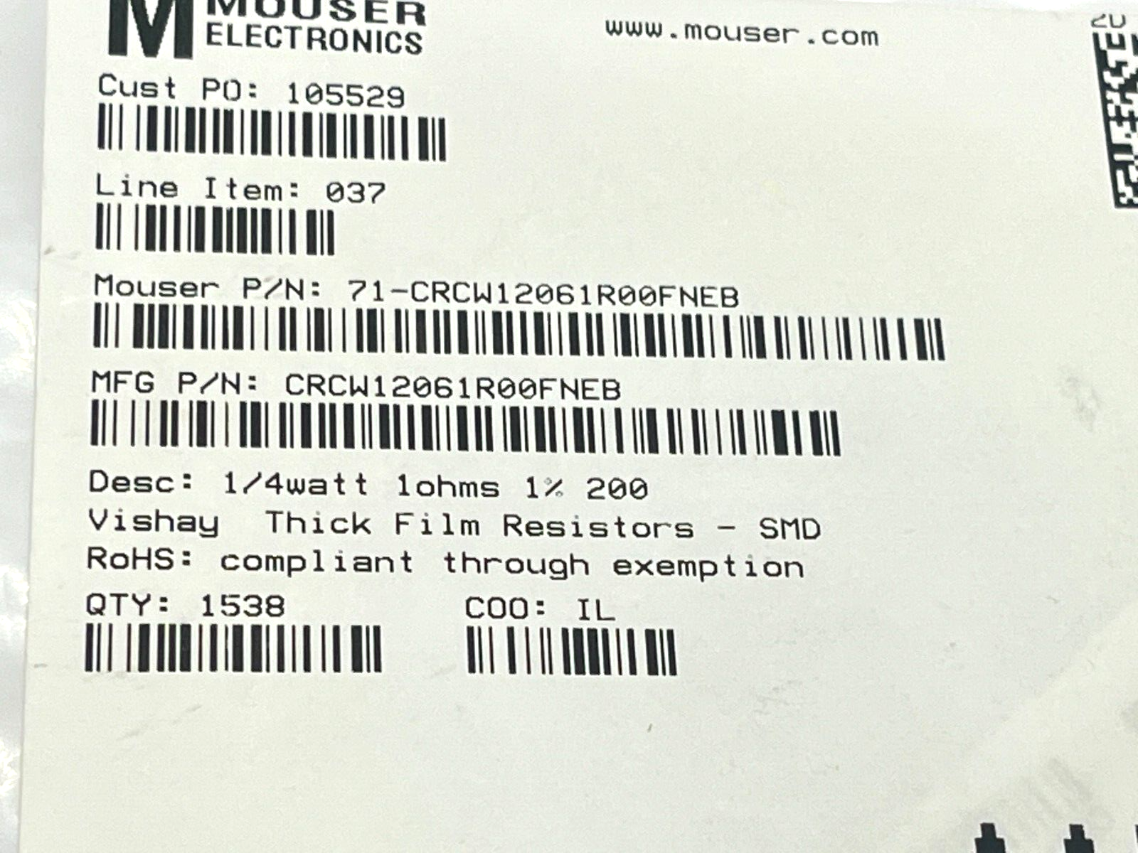 Vishay CRCW12061R00FNEB Thick Film Resistors SMD 1/4watt 1ohms 1% 200ppm 1538QTY - Maverick Industrial Sales