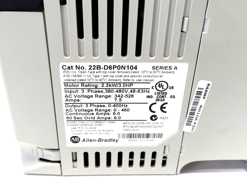 Allen Bradley 22B-D6P0N104 Ser. A PowerFlex 40 AC Drive, 2.2kW 3HP, 480VAC 3PH - Maverick Industrial Sales