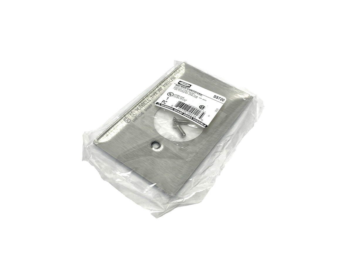 SS720 | Hubbell 1-Gang 1-Receptacle SS Wall Plate/Cover 1.59" Dia. LOT OF 4 - New - Maverick Industrial Sales