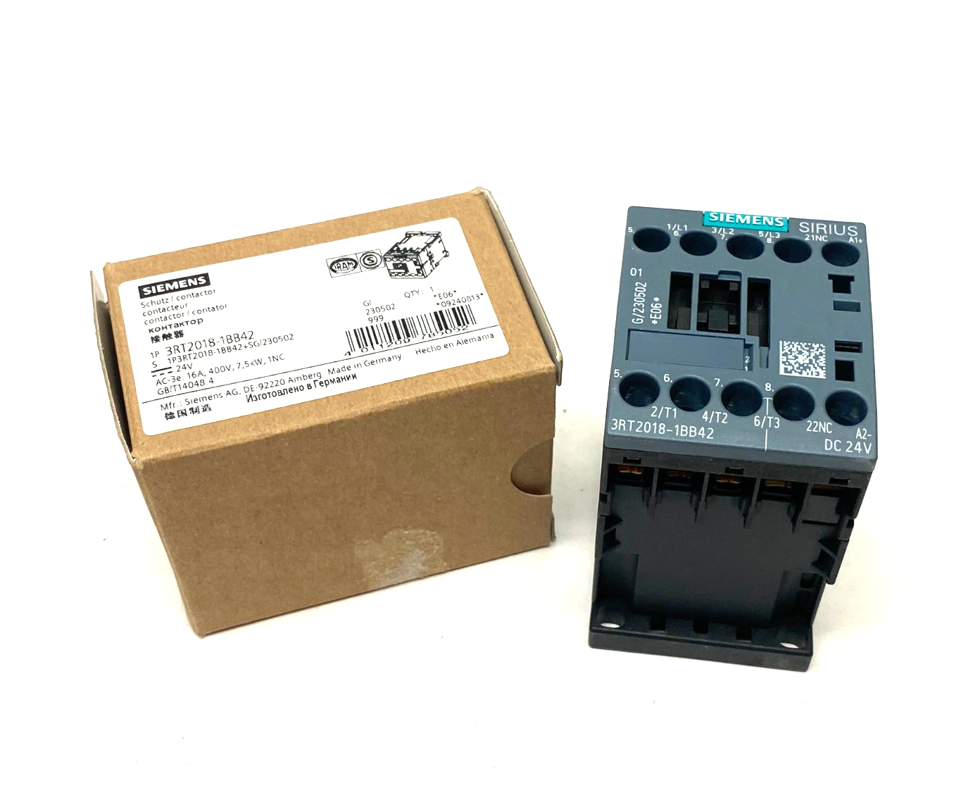 Siemens 3RT2018-1BB42 Sirius Contactor 16A, 400V, 7.5kW, 1NC - Maverick Industrial Sales