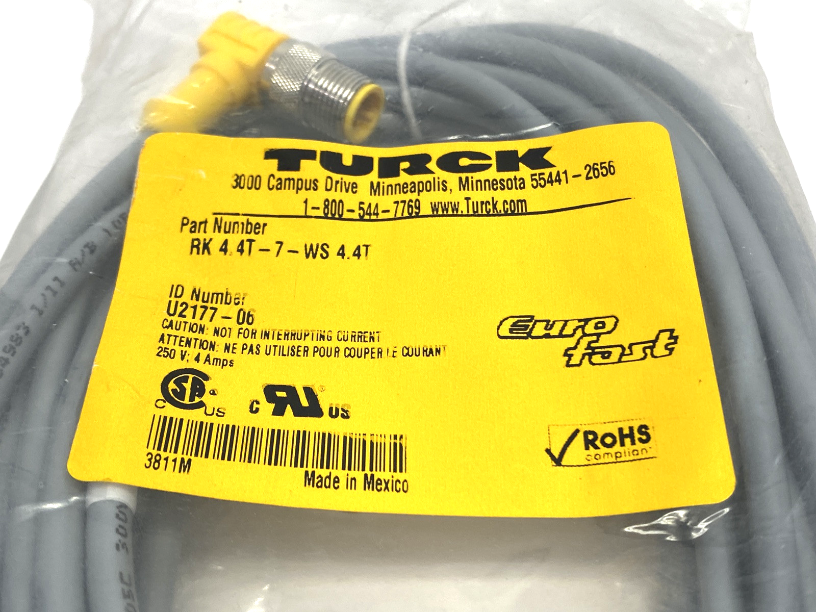 Turck RK 4.4T-7-WS 4.4T EuroFast Double-Ended Cordset M12 F to M U2177-06 - Maverick Industrial Sales