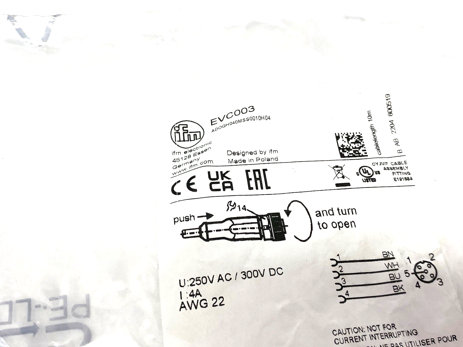 EVC003 | Ifm Single Ended Female Cordset ADOGH040MSS0010H04 - New Other - Maverick Industrial Sales