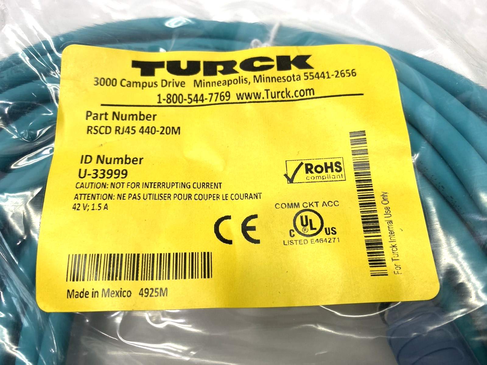 RSCD RJ45 440-20M | Turck Double Ended Industrial Ethernet Cable M12 RJ45 U-33999 - New - Maverick Industrial Sales