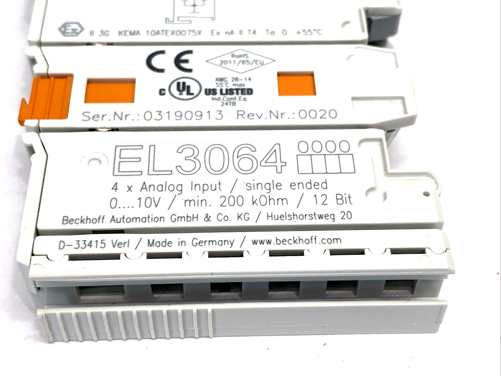 Beckhoff EL3064 EtherCAT Terminal, 4-Channel Analog Input, 12 Bit, Single Ended - Maverick Industrial Sales