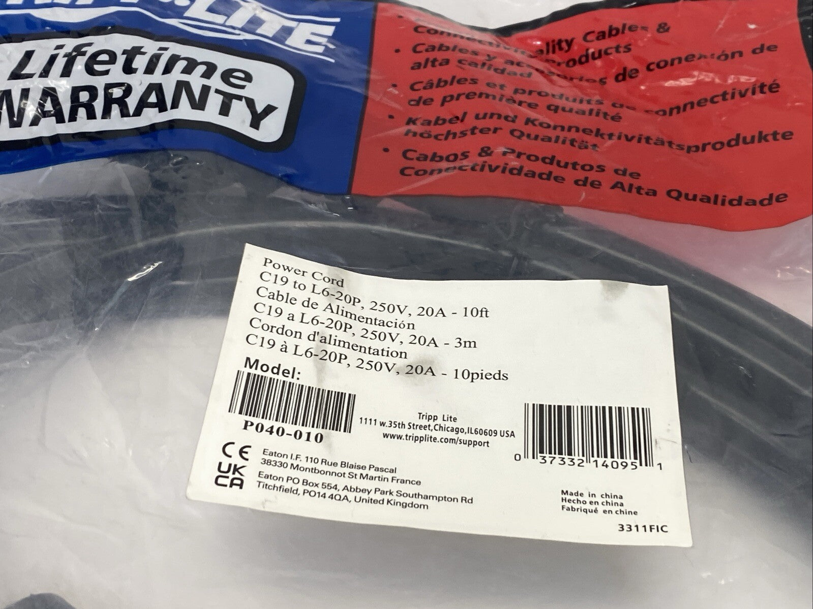 Tripp Lite P040-010 Power Cord C19 To L6-20P 20A 250V - Maverick Industrial Sales