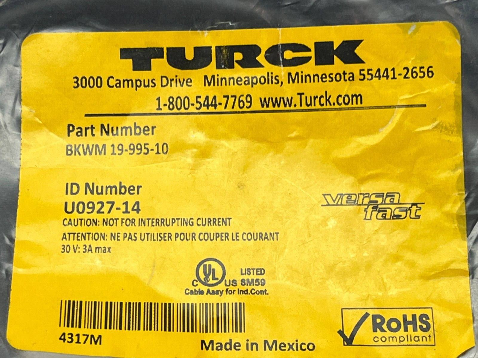 Turck BKWM 19-995-10 Versafast Cordset M16 Female 10M Length U0927-14 - Maverick Industrial Sales