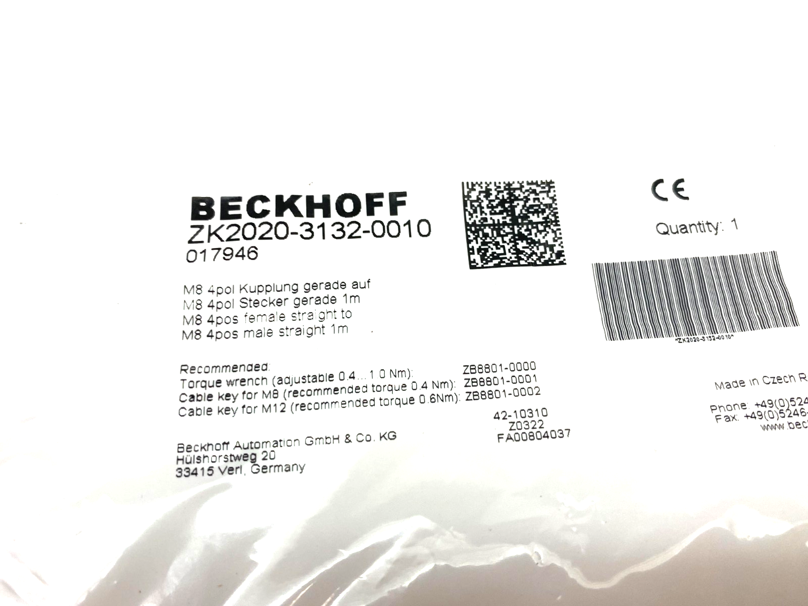 Beckhoff ZK2020-3132-0010 Double Ended Power Cable M8 4-Pin 1m Length 017946 - Maverick Industrial Sales