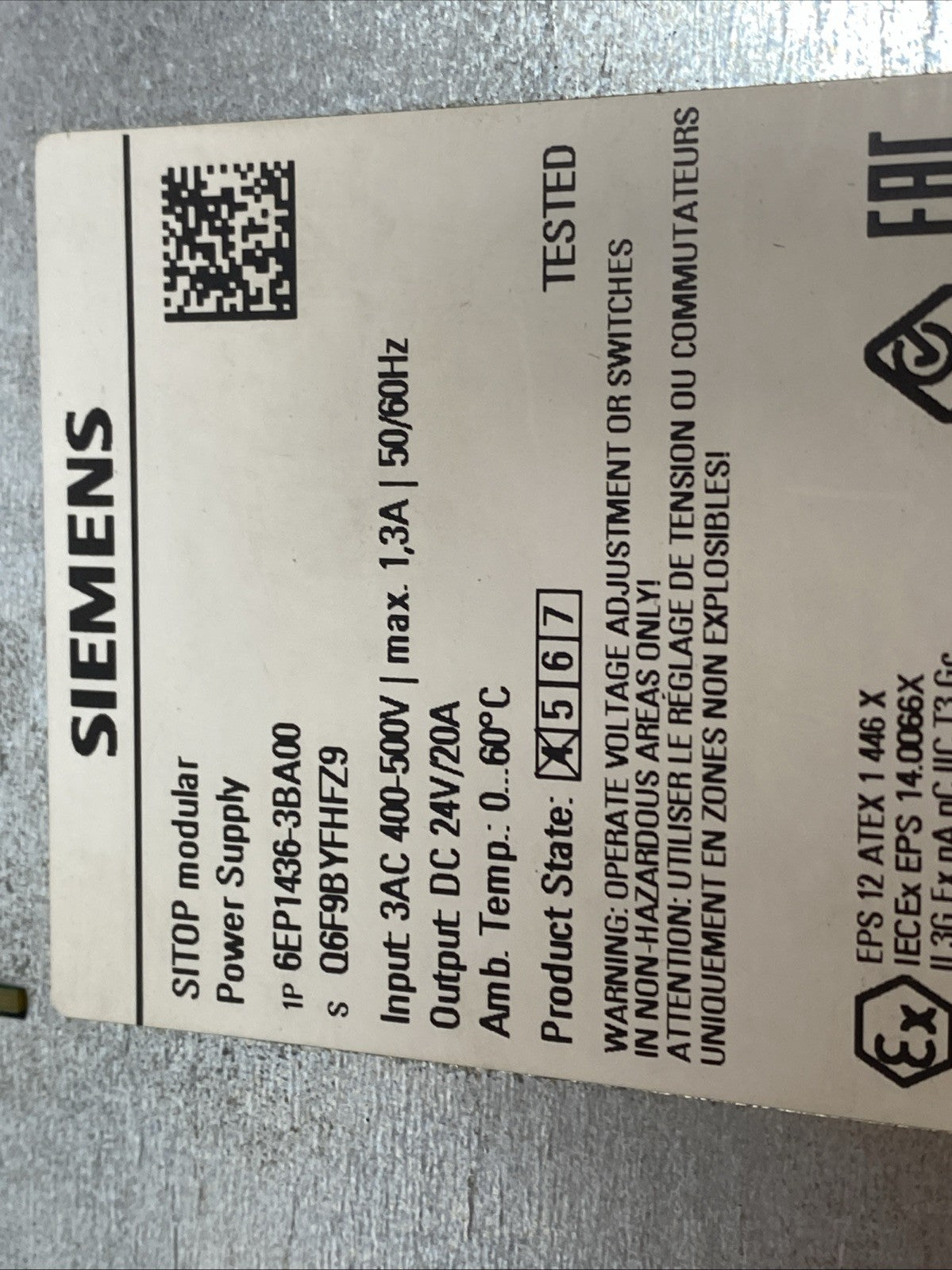 Siemens 6EP1436-3BA00 Power Supply 24V DC 20A 3AC DIN Rail, SITOP Modular - Maverick Industrial Sales