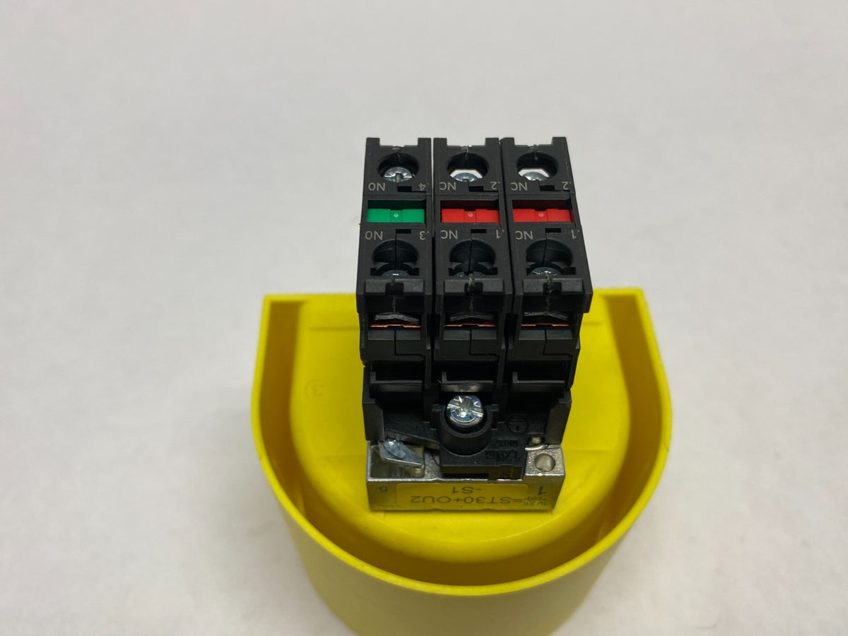 Siemens 3SU1000-1HB20-0AA0 E-Stop Pushbutton w/ Contacts, 3SU1900-0DY30-0AA0 - Maverick Industrial Sales
