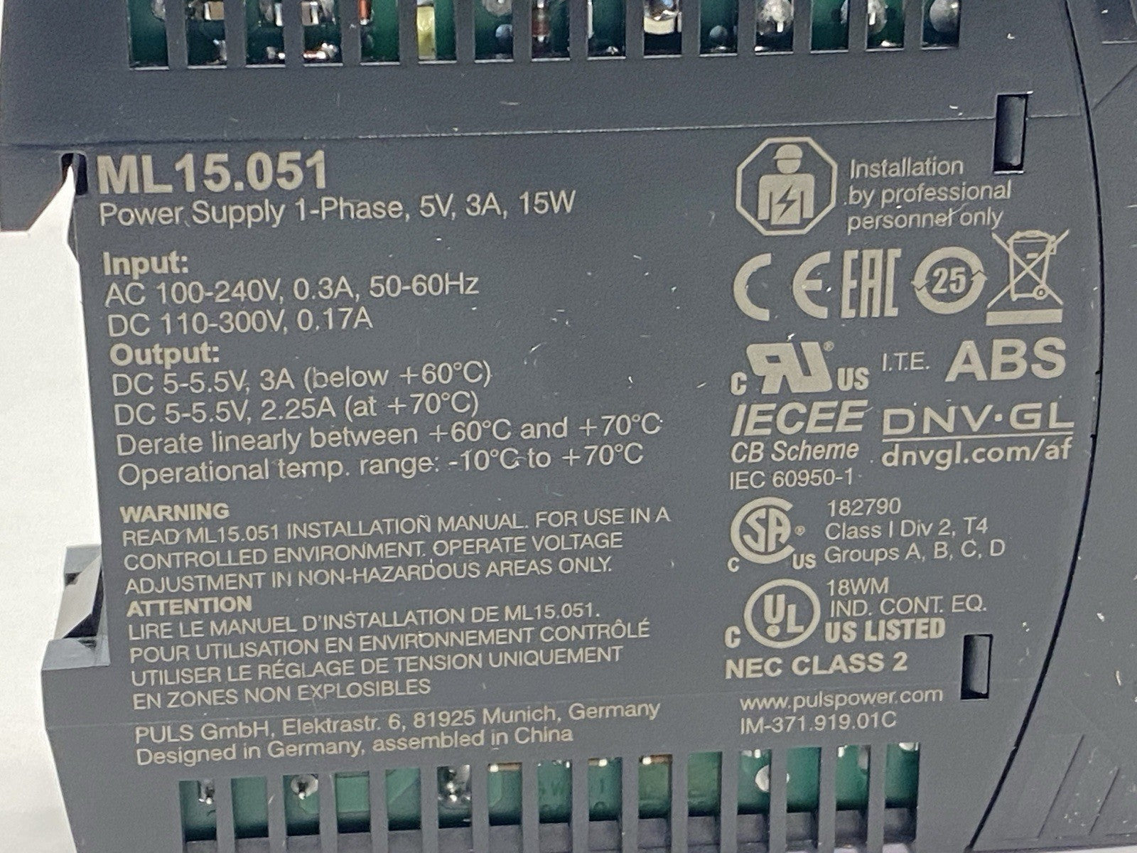 Puls ML15.051 DC Power Supply 5V 3A 15W - Maverick Industrial Sales