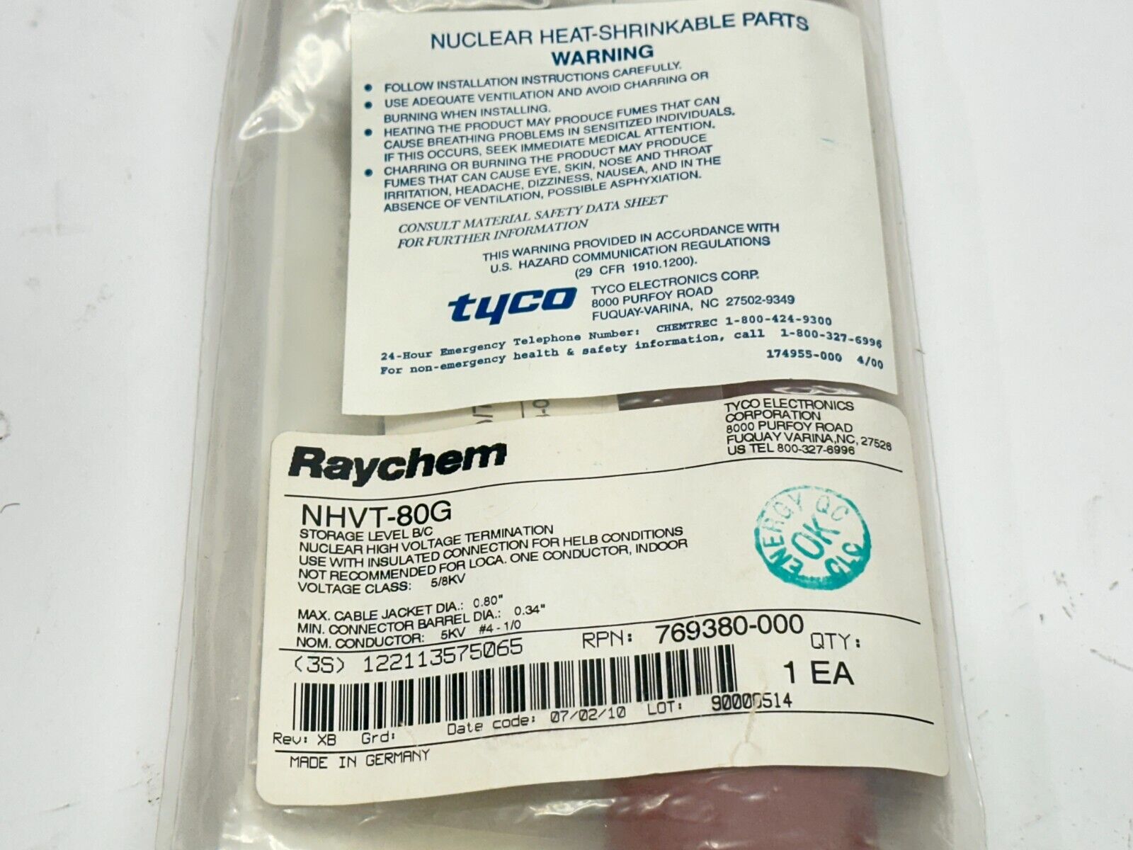 Raychem NHVT-80G Nuclear High Voltage Termination Kit 769380-000 - Maverick Industrial Sales