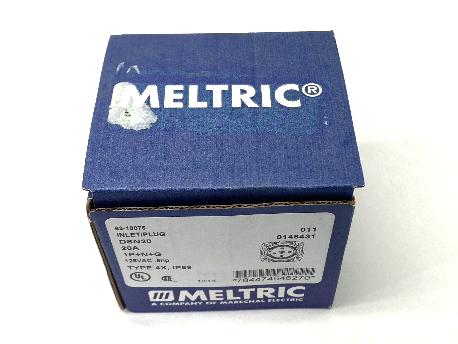 63-18075 | Meltric Male Inlet Plug DSN20 1P+N+G Type 4X & IP69 .75hp 125VAC 20A - New – Open box - Maverick Industrial Sales