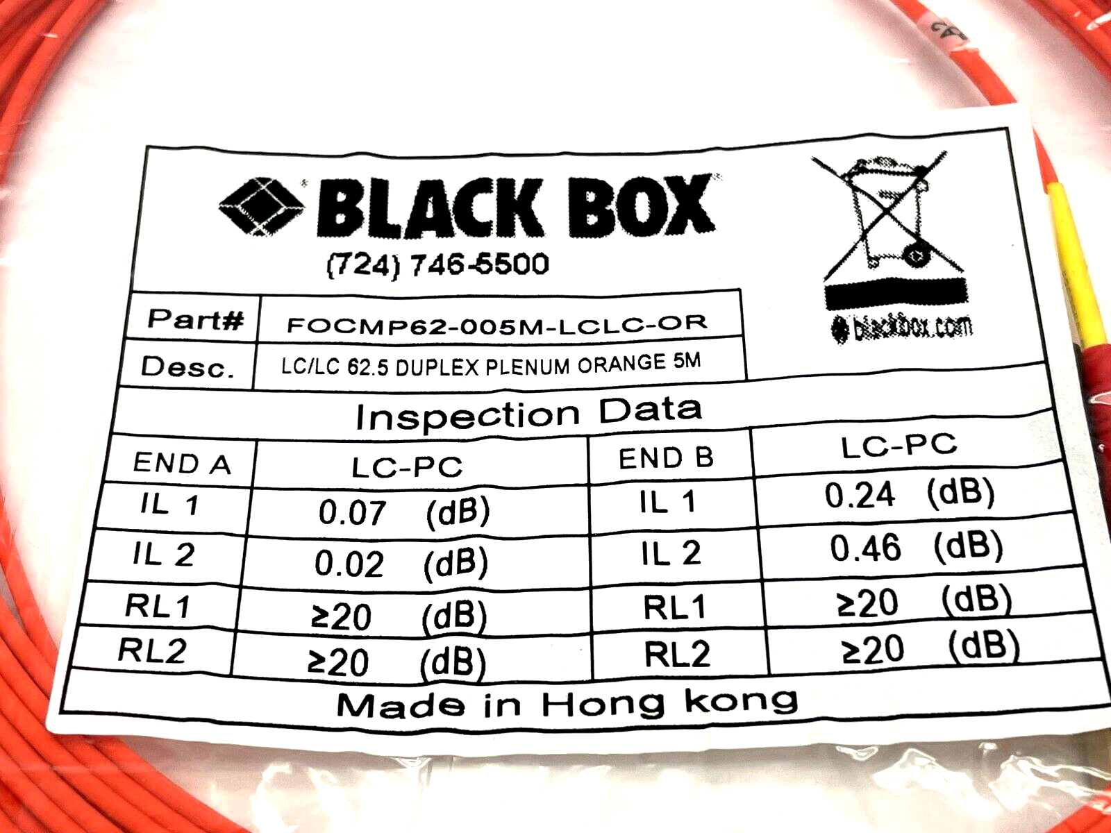 Black Box FOCMP62-005M-LCLC-OR Duplex Patch Cable 5m Length - Maverick Industrial Sales
