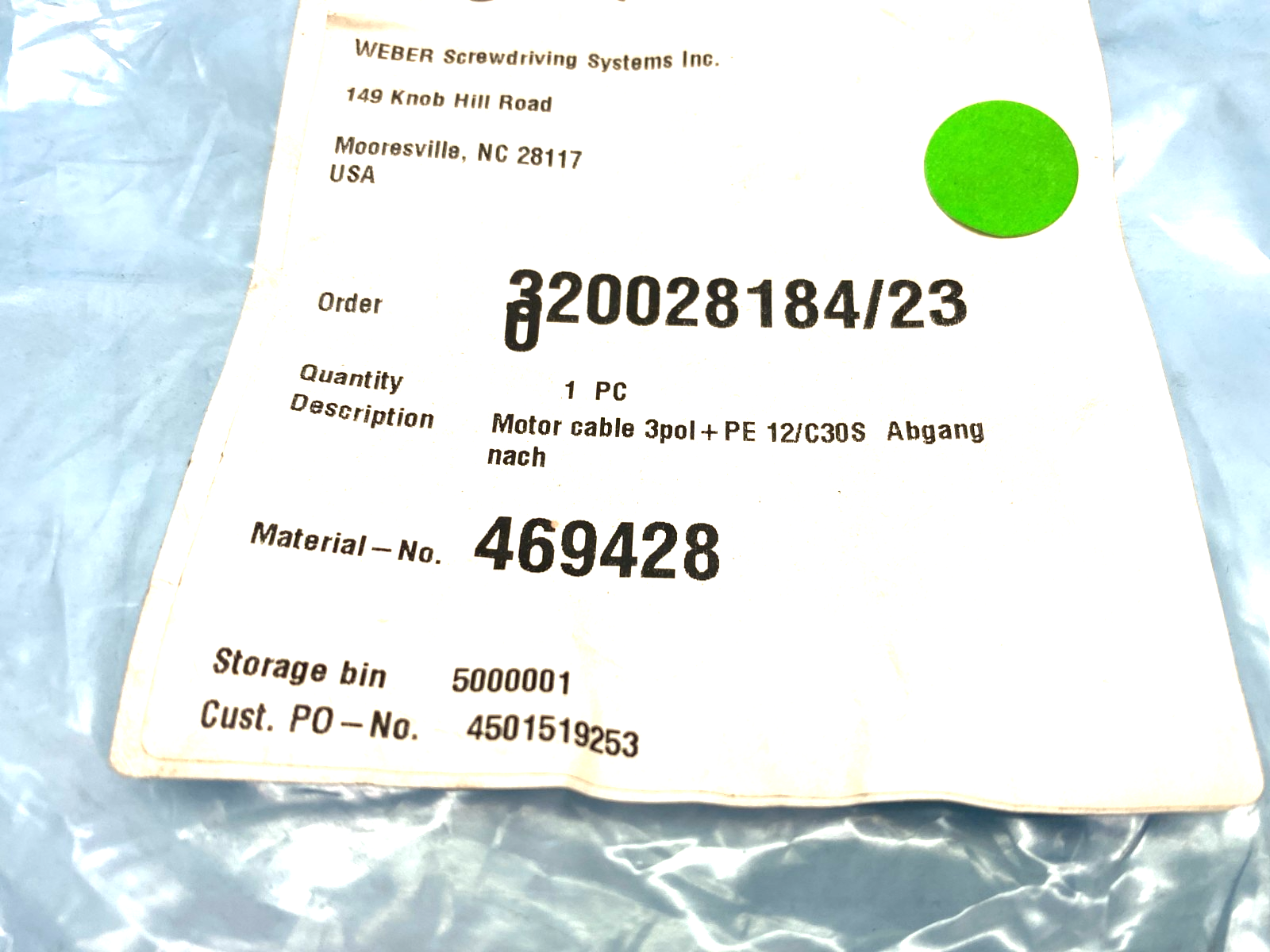 Weber 469428 Motor Connection Cable 3-pol+12PE 12/C30S - Maverick Industrial Sales