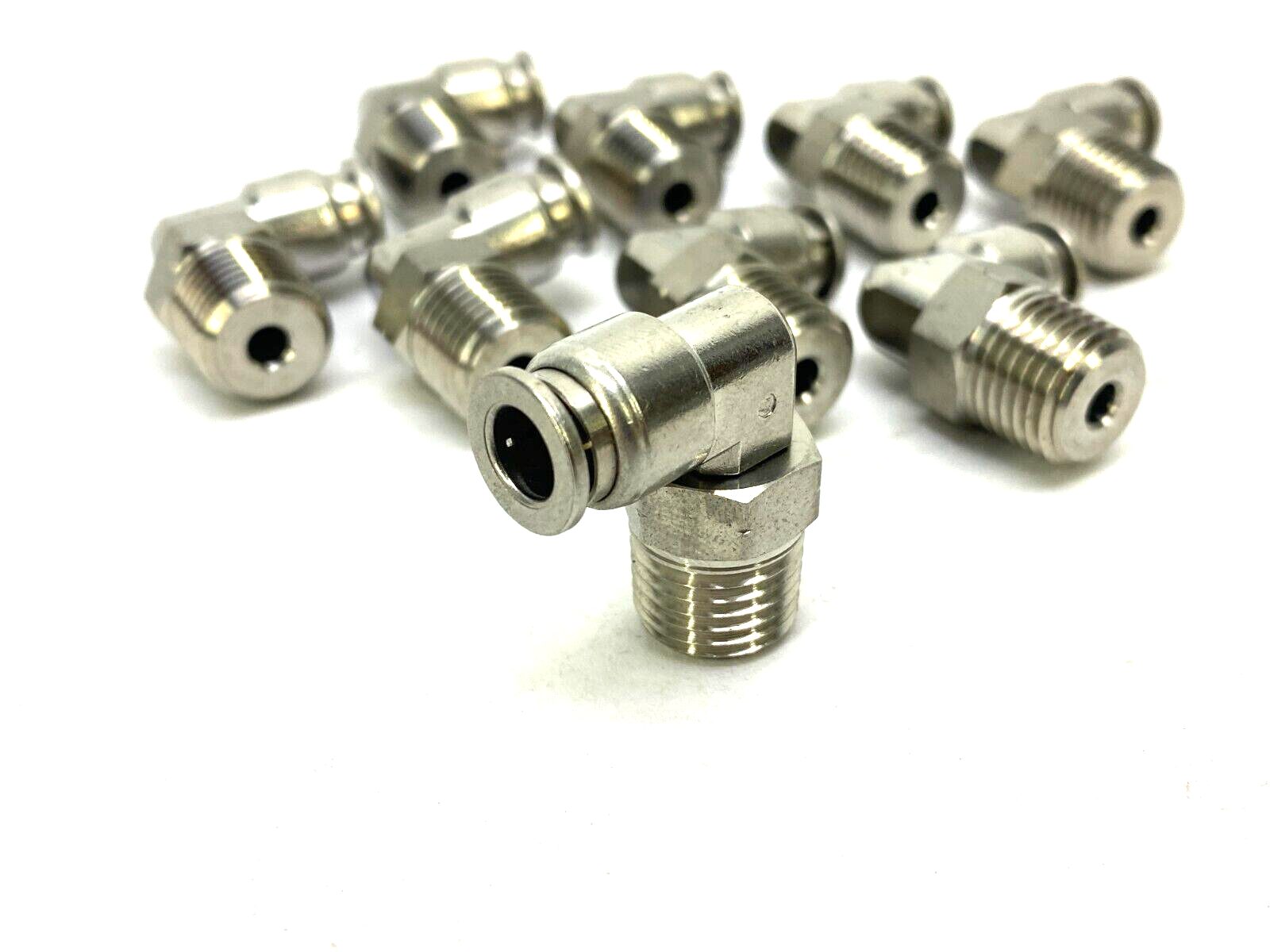 Stainless Steel Swivel Snap-Connect Elbow Fitting 1/4" OD to 1/4" NPT LOT OF 9 - Maverick Industrial Sales