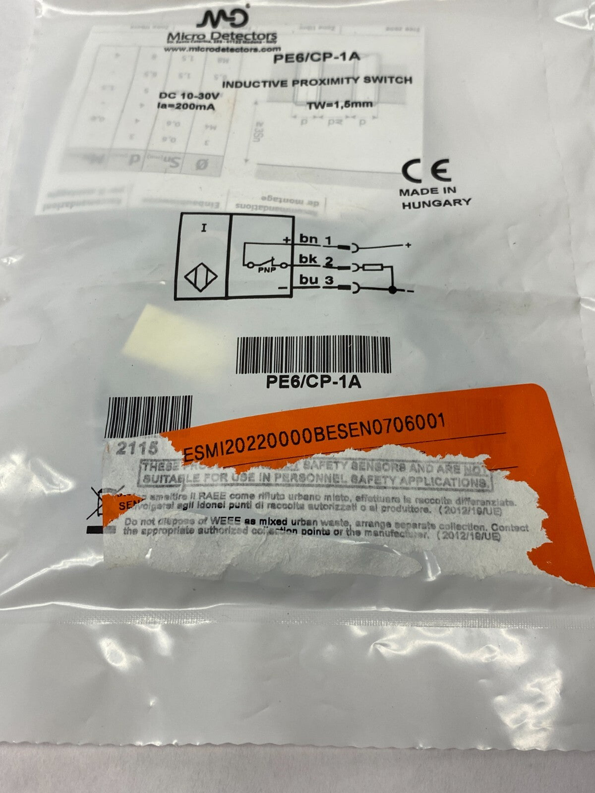 Micro Detectors PE6/CP-1A Inductive Proximity Switch Sensor 10-30VDC - Maverick Industrial Sales