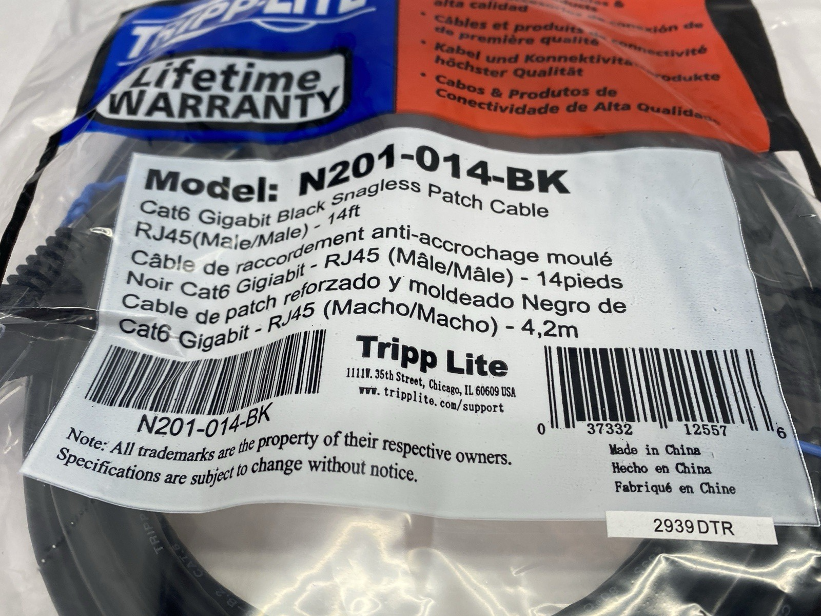 Tripp Lite N201-14-BK Double-Ended Ethernet Cat6 Cordset RJ45 Connectors 14' - Maverick Industrial Sales