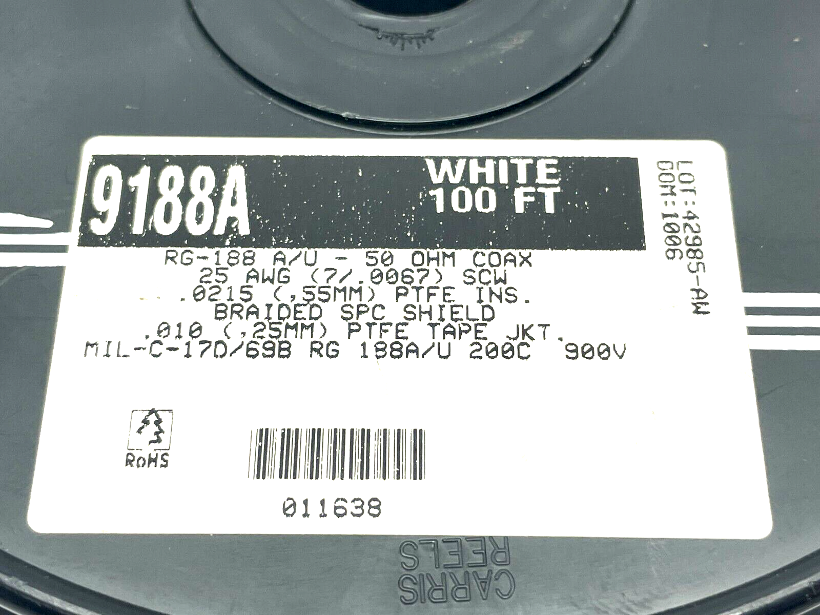 Alpha Wire 9188A WH005 Coaxial Cable 25 AWG RG-188A 100ft 50 Ohms - Maverick Industrial Sales