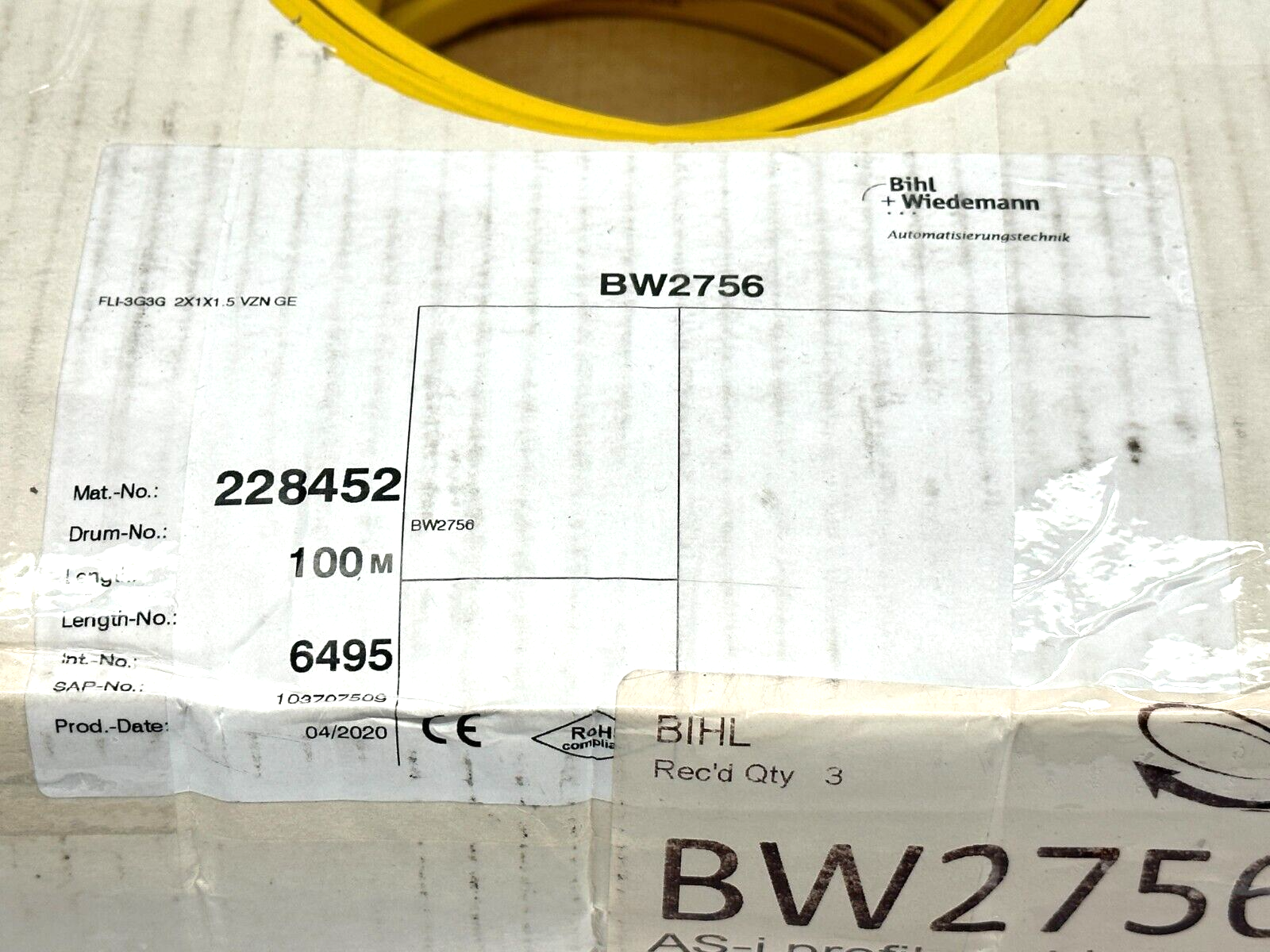 Bihl + Wiedemann BW2756 AS-i Profile Cable Yellow 100m - Maverick Industrial Sales
