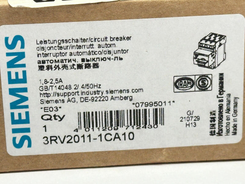 Siemens 3RV2011-1CA10 Sirius Motor Protection Circuit Breaker 1.8-2.5A 600V - Maverick Industrial Sales