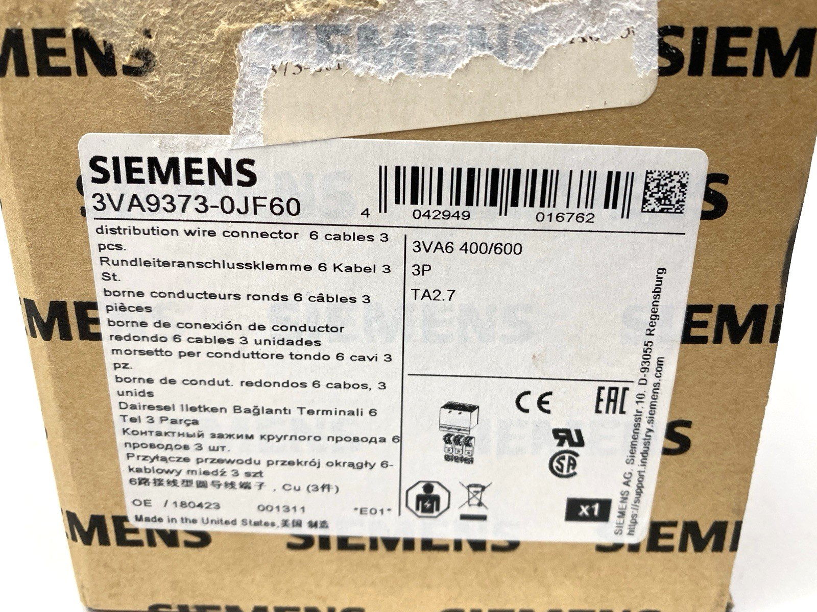 Siemens 3VA9373-0JF60 Distribution Wire Connector for 6 Cables 3 Pcs - Maverick Industrial Sales