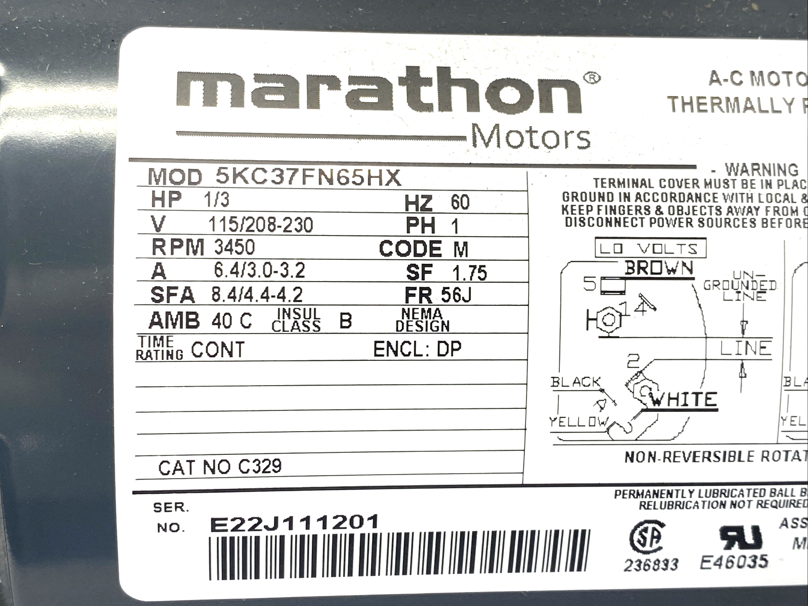 C329 | Marathon Pump Motor 1/3 HP 1PH 115/208-230V 56J 5KC37FN65X, 5KC37FN65HX - New – Open box - Maverick Industrial Sales