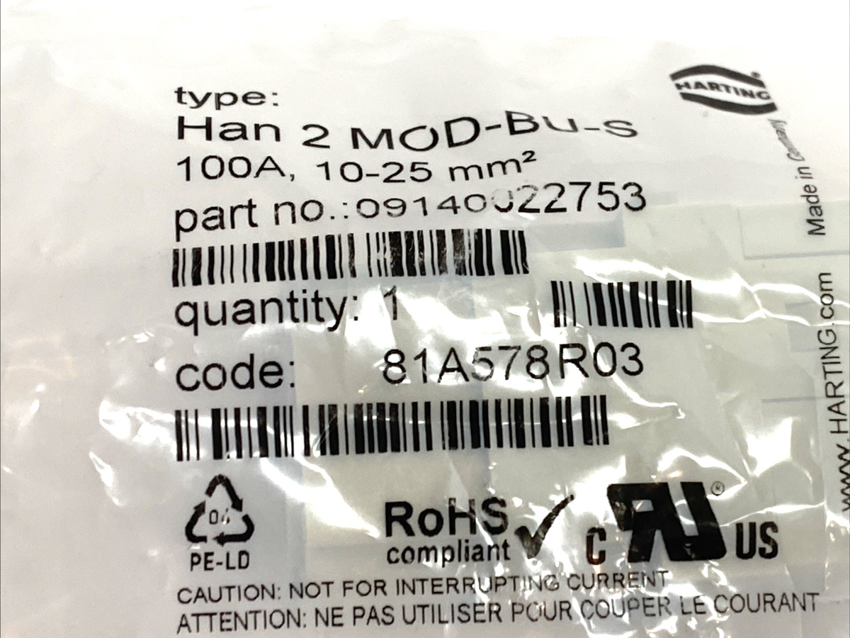 Harting 09140022753 100A Axial Module Female 2-Pole 10-25mm² HAN 2 MOD-BU-S - Maverick Industrial Sales