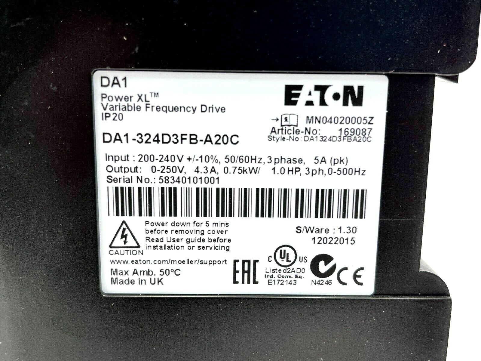 DA1-324D3FB-A20C | Eaton VF Drive IP20 NEMA 0, LED Display, 2-Outputs 5-Inputs - New – Open box - Maverick Industrial Sales