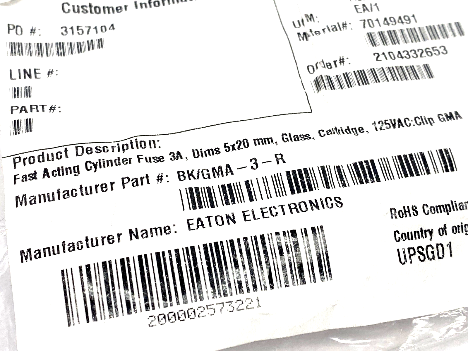 BK/GMA-3-R | Eaton GMA Series Fast-Acting Fuse 3A LOT OF 8 - New – Open box - Maverick Industrial Sales